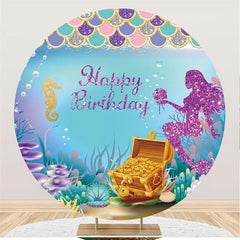 Lofaris Glitter Mermaid Round Happy Birthday Backdrop For Girl