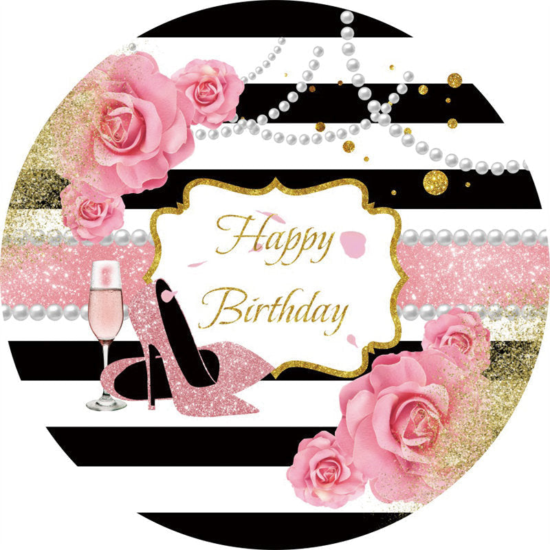 Lofaris Glitter Pink And Gold Round Happy Birthday Backdrop