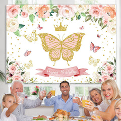 Lofaris Glitter Pink Butterfly Floral Happy Birthday Backdrop