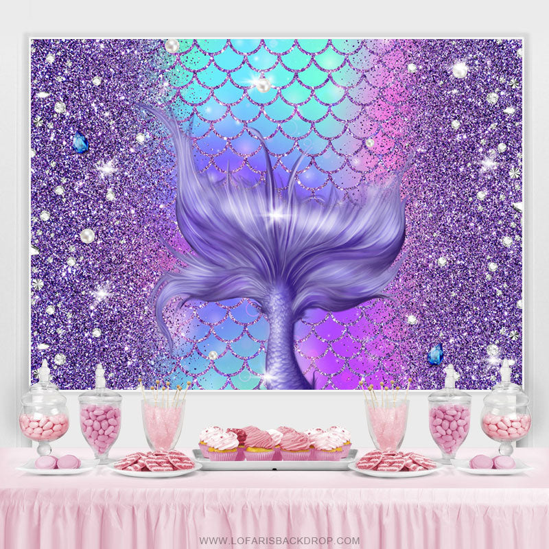 Lofaris Glitter Purple And Blue Mermaid Tail Birthday Backdrop