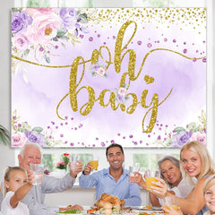 Lofaris Glitter Purple And Golden Floral Baby Shower Backdrop