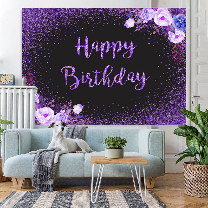Lofaris Glitter Purple Flowers Black Happy Birthday Backdrop