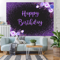 Lofaris Glitter Purple Flowers Black Happy Birthday Backdrop