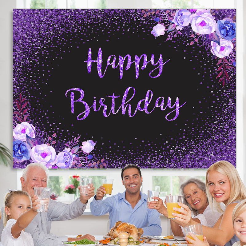 Lofaris Glitter Purple Flowers Black Happy Birthday Backdrop