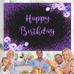 Lofaris Glitter Purple Flowers Black Happy Birthday Backdrop