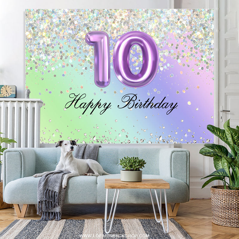Lofaris Glitter Purple Happy 10Th Birthday Backdrop For Girl