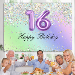 Lofaris Glitter Purple Happy 16Th Birthday Backdrop For Girl