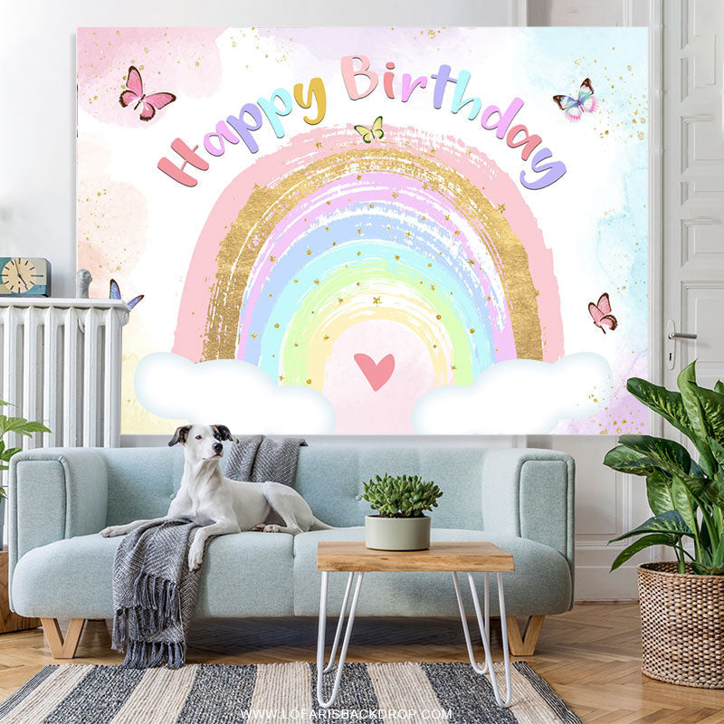 Lofaris Glitter Rainbow And Butterfly Happy Birthday Backdrop