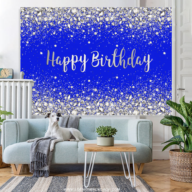 Lofaris Glitter Silver And Navy Blue Happy Birthday Backdrop