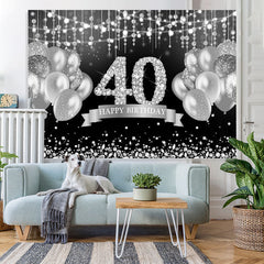 Lofaris Glitter Silver Balloon Happy 40Th Birthday Backdrop