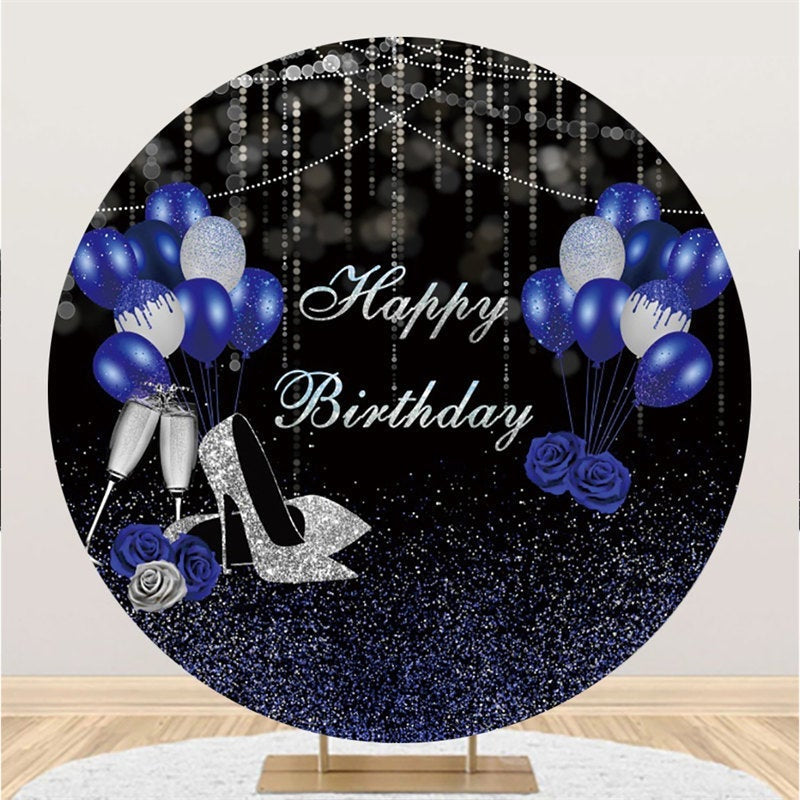Lofaris Glitter Silver Balloons Round Happy Birthday Backdrop