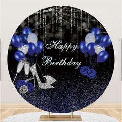 Lofaris Glitter Silver Balloons Round Happy Birthday Backdrop