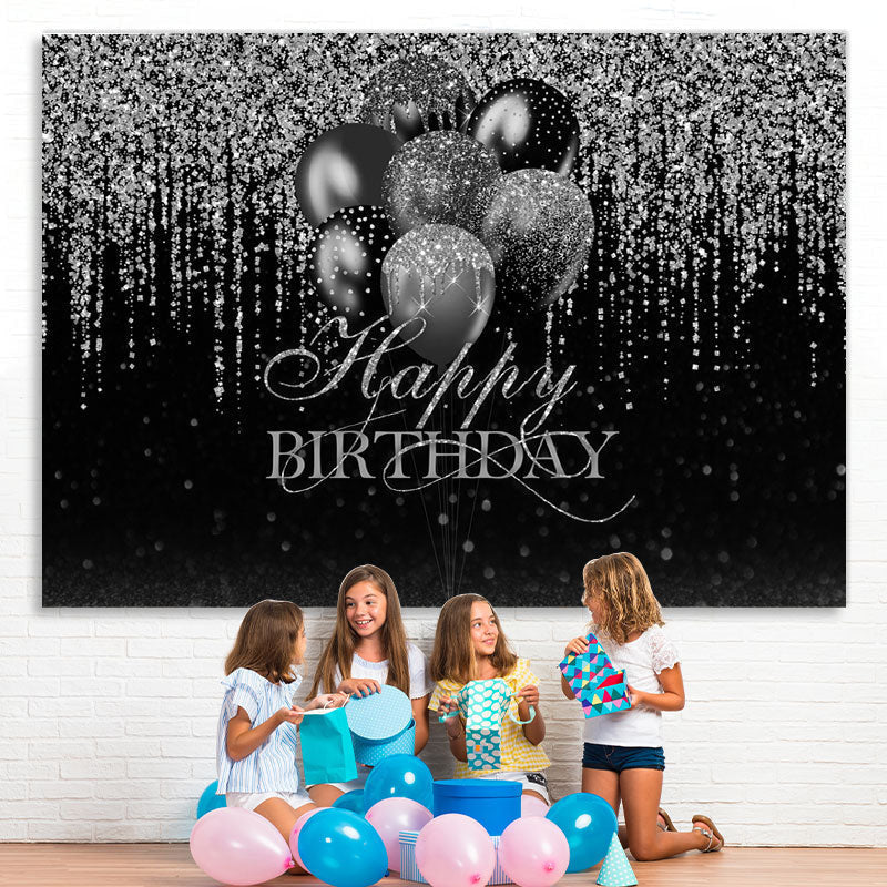 Lofaris Glitter Silver Black Balloon Happy Birthday Backdrop