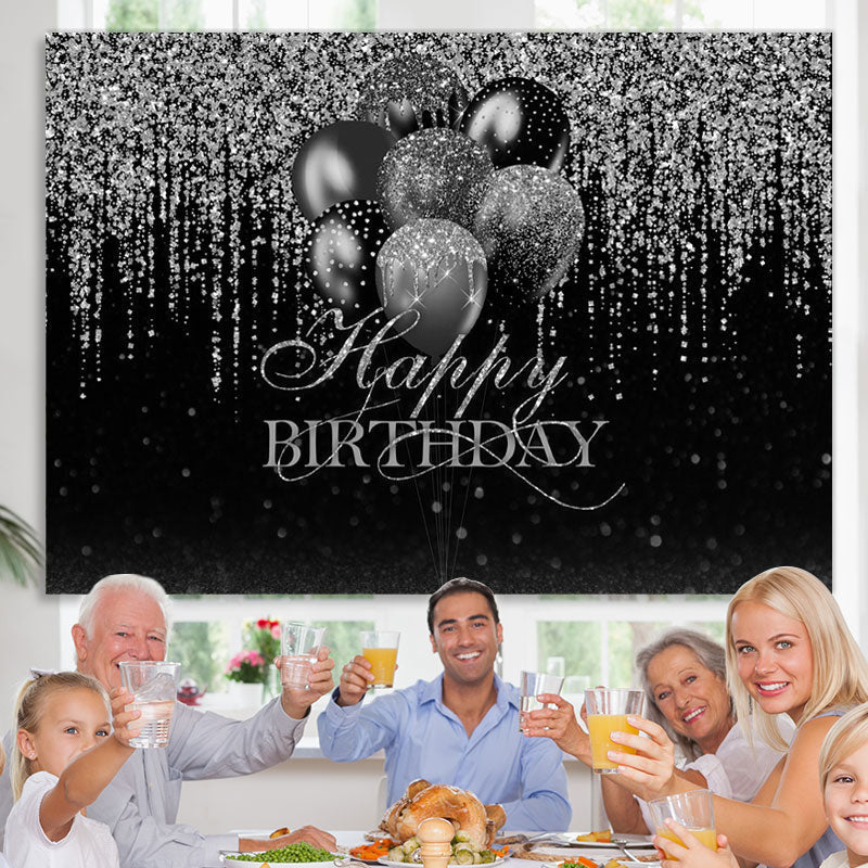 Lofaris Glitter Silver Black Balloon Happy Birthday Backdrop