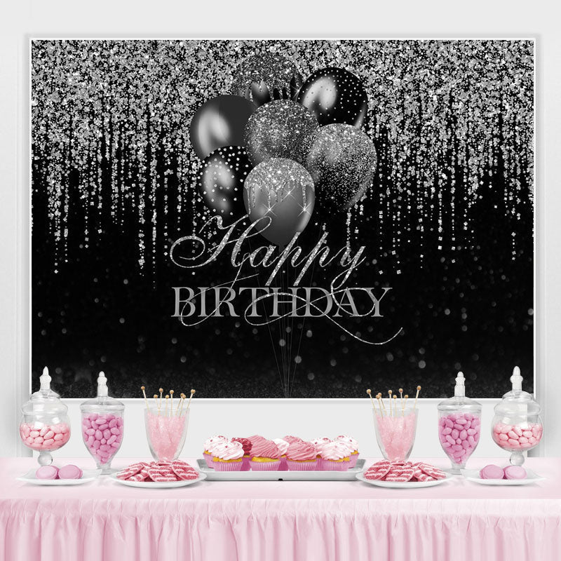 Lofaris Glitter Silver Black Balloon Happy Birthday Backdrop