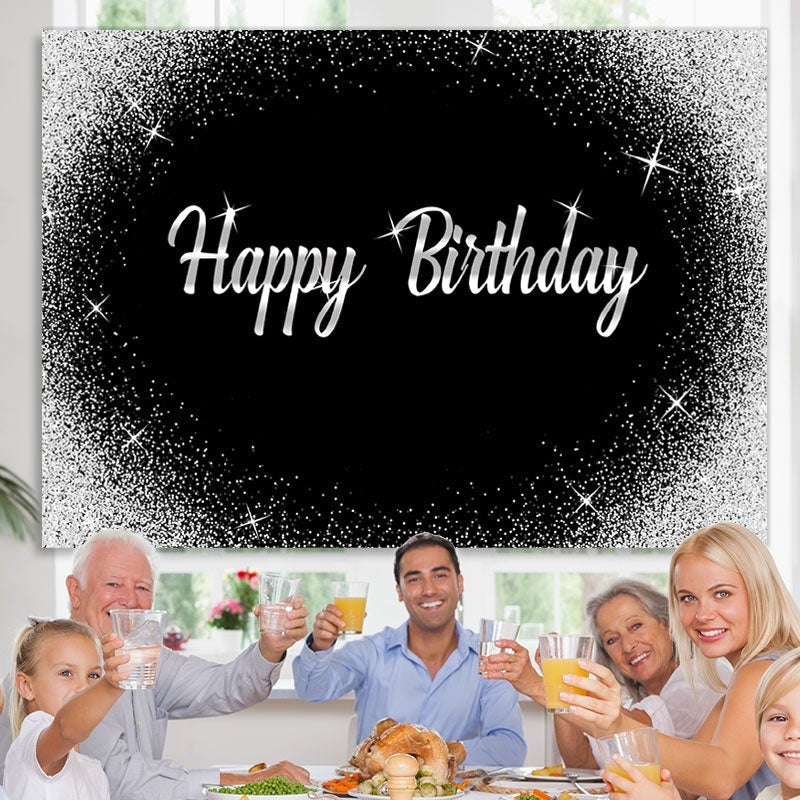 Lofaris Glitter Silver Dots and Black Happy Birthday Backdrop