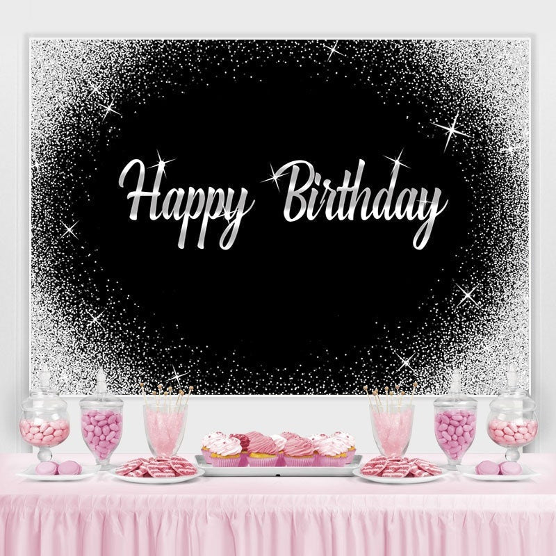Lofaris Glitter Silver Dots and Black Happy Birthday Backdrop