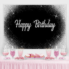 Lofaris Glitter Silver Dots and Black Happy Birthday Backdrop