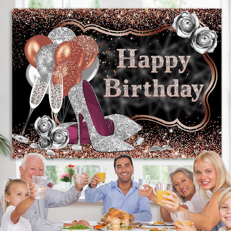 Lofaris Glitter Silver Rose Golden Happy Birthday Backdrop