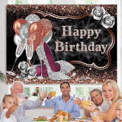 Lofaris Glitter Silver Rose Golden Happy Birthday Backdrop