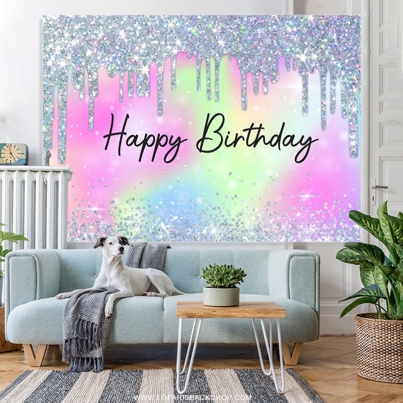 Lofaris Glitter Silver With Rainbow Color Birthday Backdrop