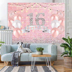 Lofaris Glitter Silver Girls Pink Balloon Birthday Backdrop