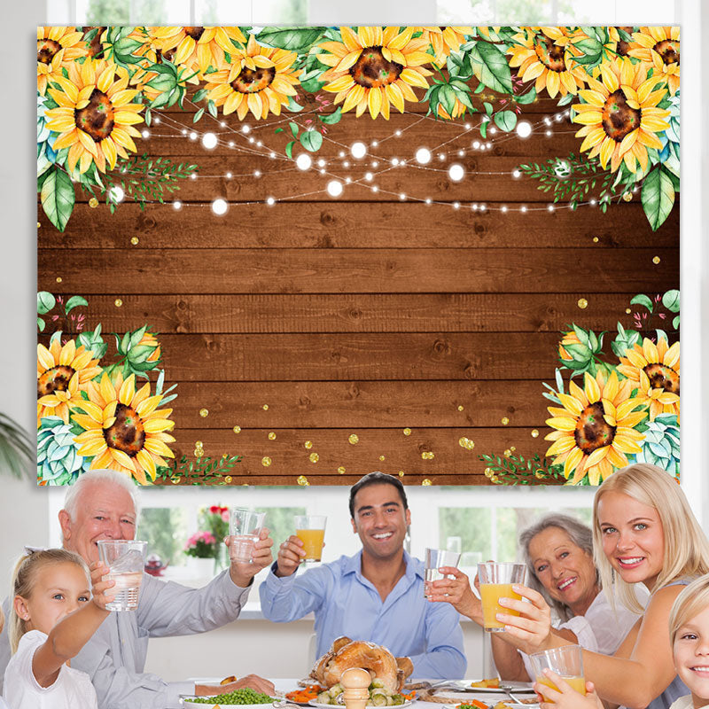 Lofaris Glitter Sunflower Bokeh Wooden Happy Birthday Backdrop