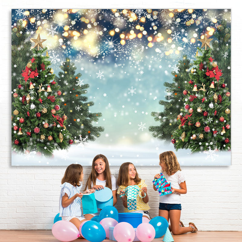 Lofaris Glitter White Winter With Christmas Trees Backdrop