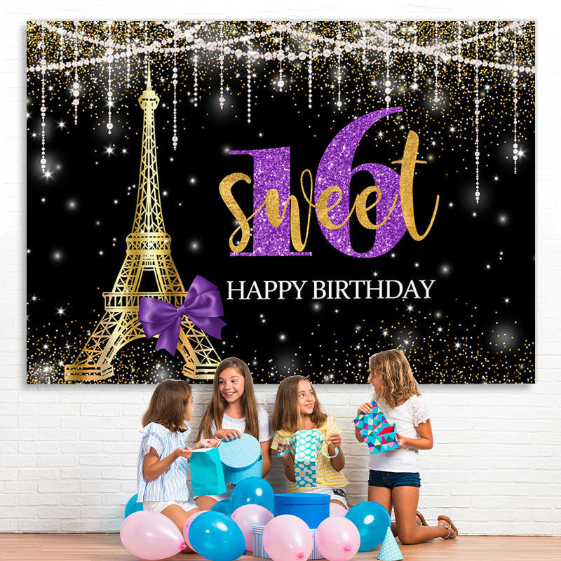Lofaris Glod Tower Happy Birthday Sweet 16 Glitter Bokeh Backdrop for Party