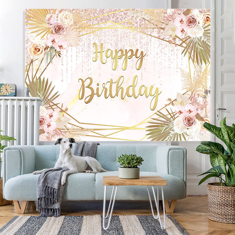 Lofaris Gloden And Floral Happy Birthday Backdrop For Girls