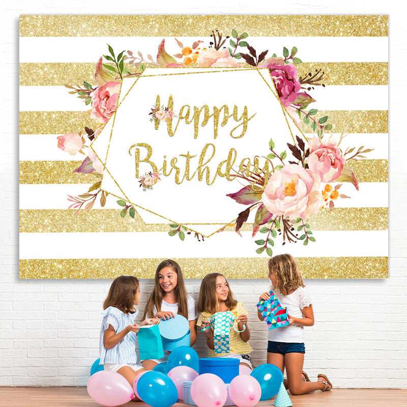 Lofaris Gloden Stripe And Floral Birthday Backdrop For Girl