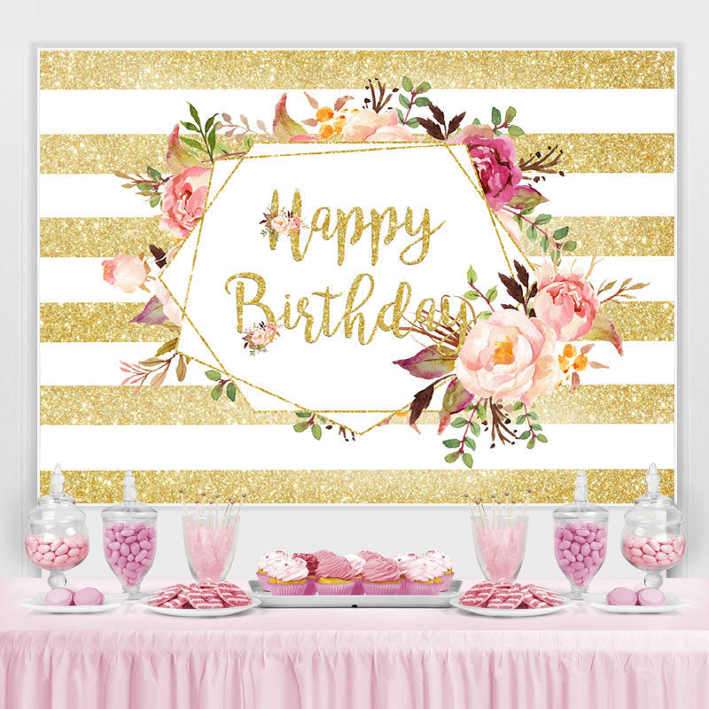 Lofaris Gloden Stripe And Floral Birthday Backdrop For Girl