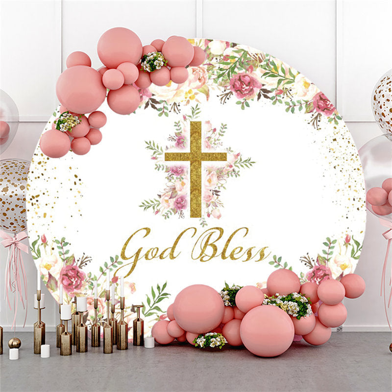 Lofaris God Bless Gold Cross Happy Birthday Round Backdrop