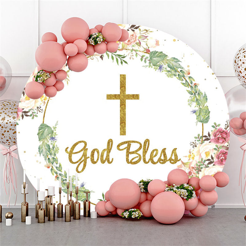 Lofaris God Bless Leaves Flower Happy Birthday Round Backdrop