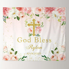 Lofaris God Bless Pink Floral Gold Glitter Backdrop for Bridal Shower