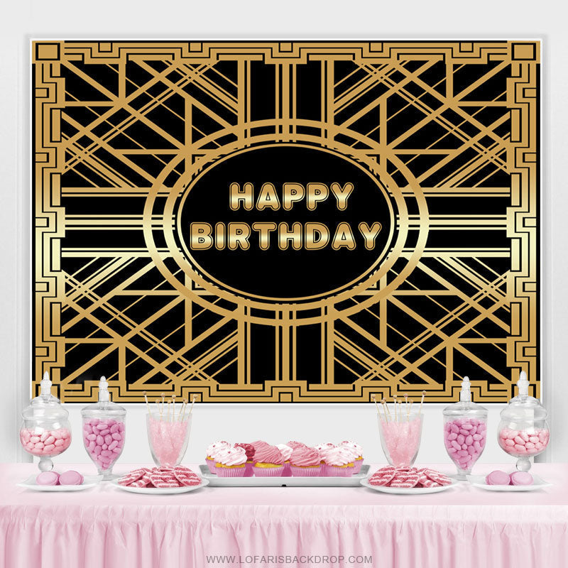 Lofaris Gold Abstract Line And Black Happy Birthday Backdrop