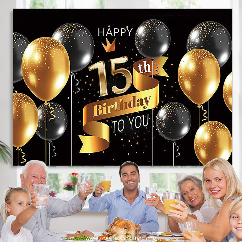 Lofaris Gold And Black Balloons Glitter 15th Birthday Backdrop