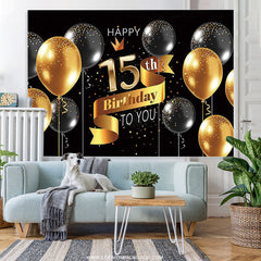Lofaris Gold And Black Balloons Glitter 15th Birthday Backdrop