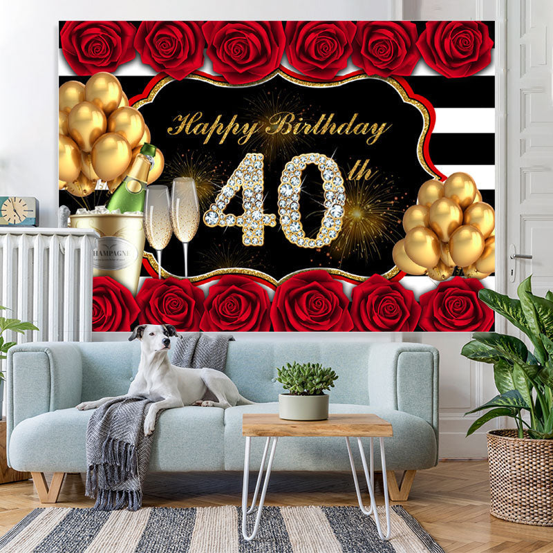 Lofaris Gold Balloon And Red Rose Happy 40Th Birthday Backdrop