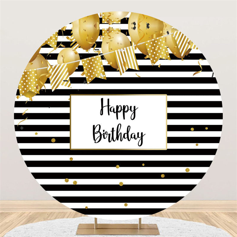 Lofaris Gold Balloon Black White Stripes Round Birthday Backdrop