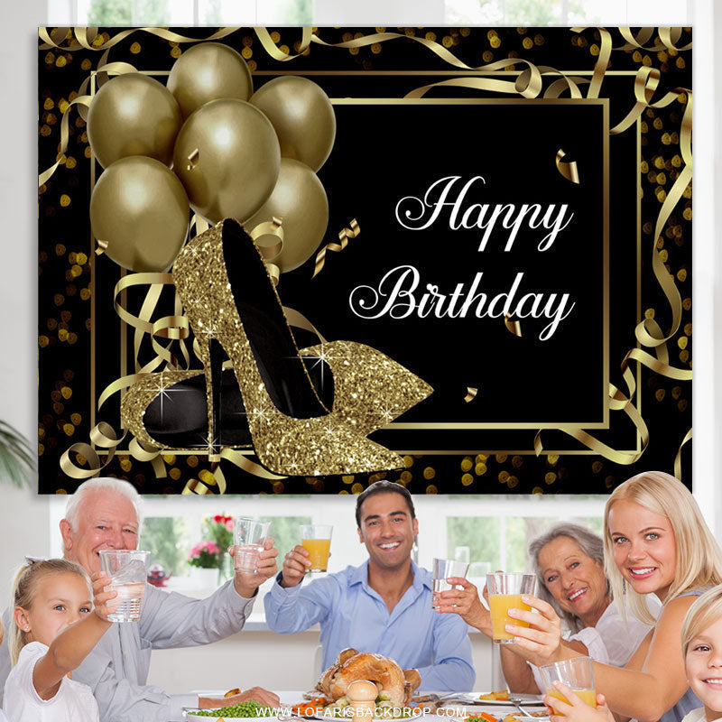 Lofaris Gold Balloons And Glitter Heels Happy Birthday Backdrop