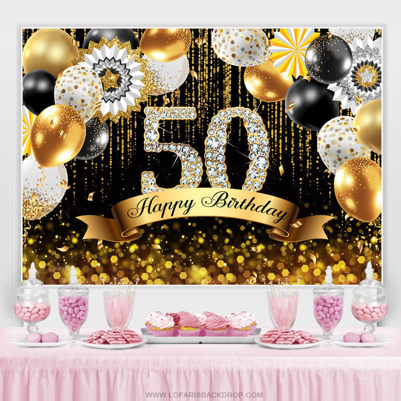 Lofaris Gold Balloons Bokeh Glitter Happy 50th Birthday Backdrop