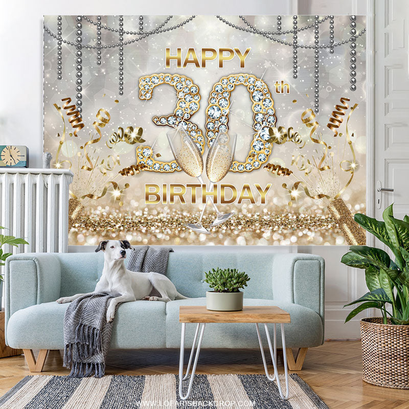 Lofaris Gold Bokeh Diamons Happy 30th Birthday Party Backdrop