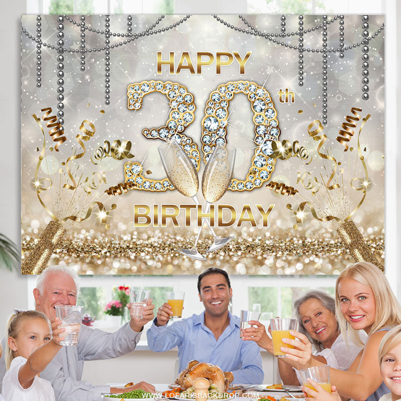 Lofaris Gold Bokeh Diamons Happy 30th Birthday Party Backdrop