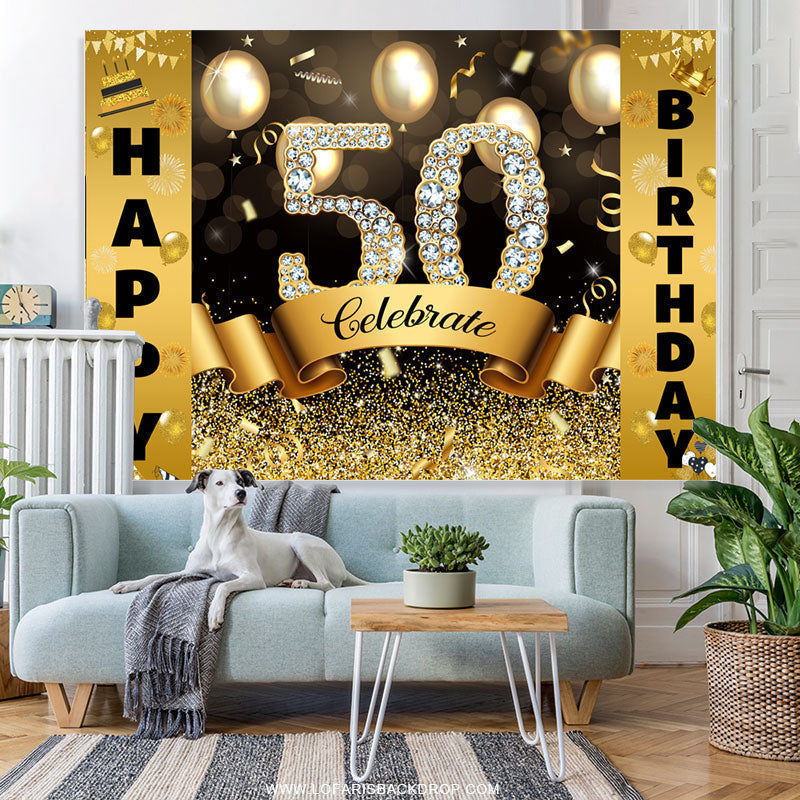 Lofaris Gold Bokeh Glitter Celebrate Happy 50th Birthday Backdrop