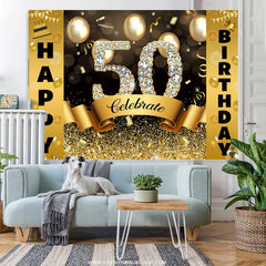 Lofaris Gold Bokeh Glitter Celebrate Happy 50th Birthday Backdrop