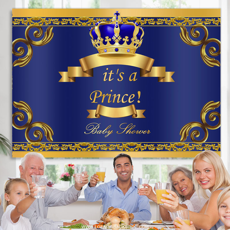 Lofaris Gold Crown And Blue Little Prince Baby Shower Backdrop