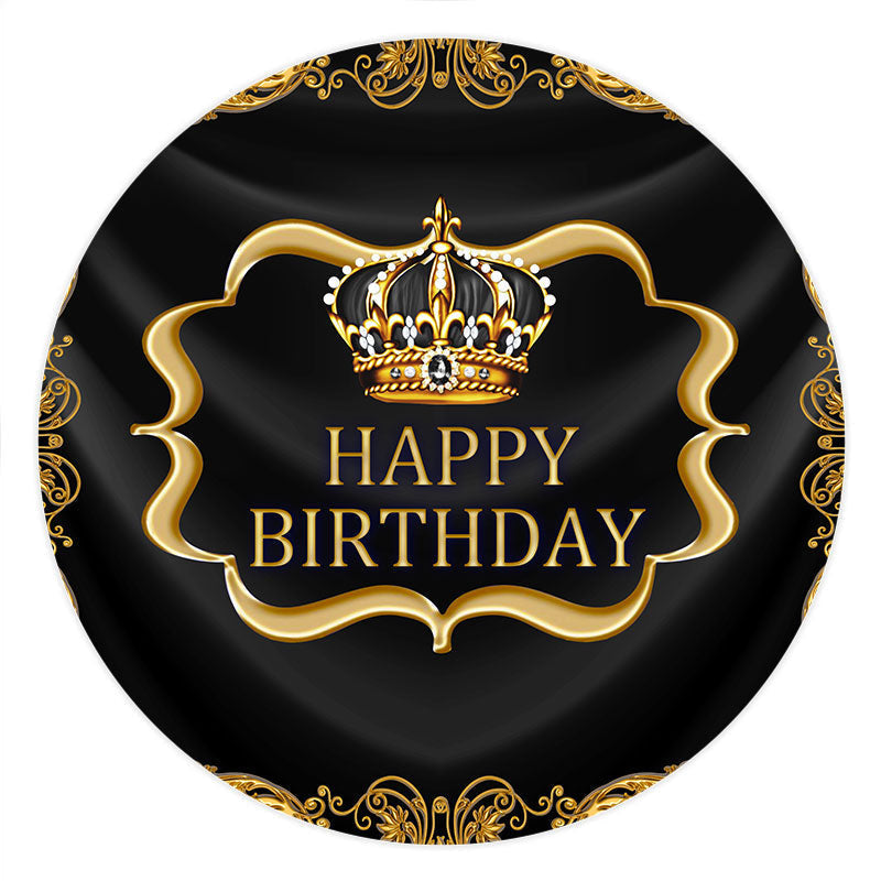 Lofaris Gold Crown And Diamonds Black Happy Birthday Round Backdrop