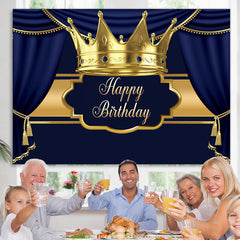 Lofaris Gold Crown Navy Blue Happy Birthday Party Backdrop