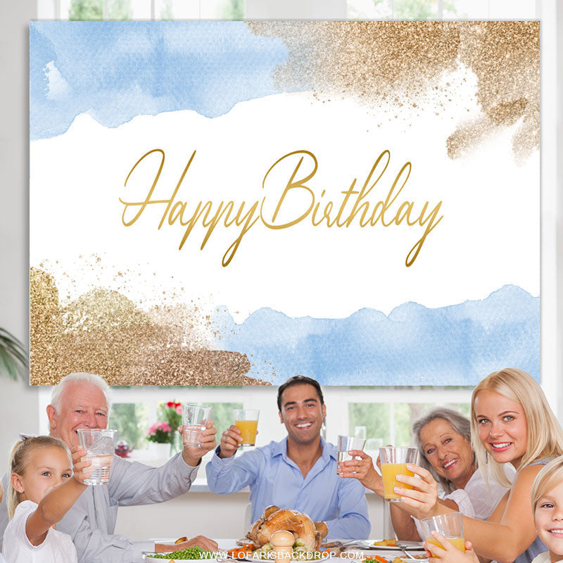 Lofaris Gold Glitter And Blue Happy Birthday Party Backdrop